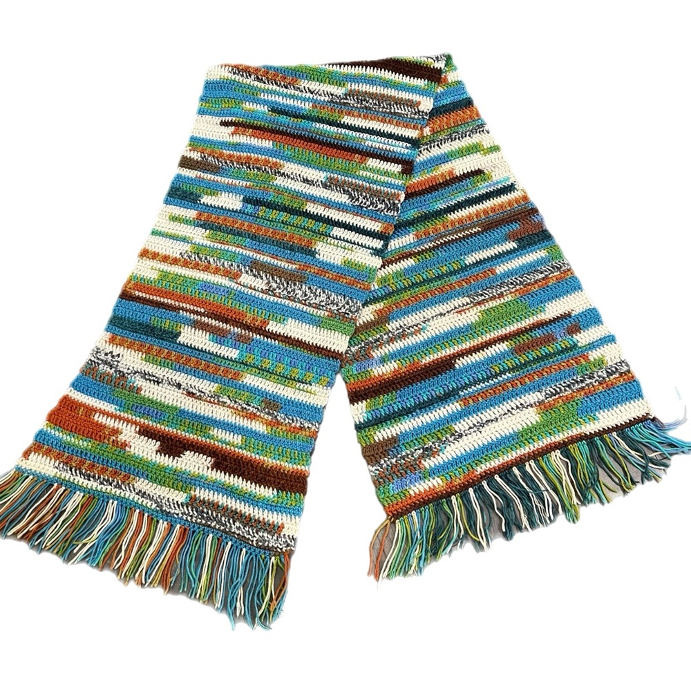 Vintage 70’s Long afghan Shawl Wrap Runner Blanket Fringe Hippie   90” X 20”
